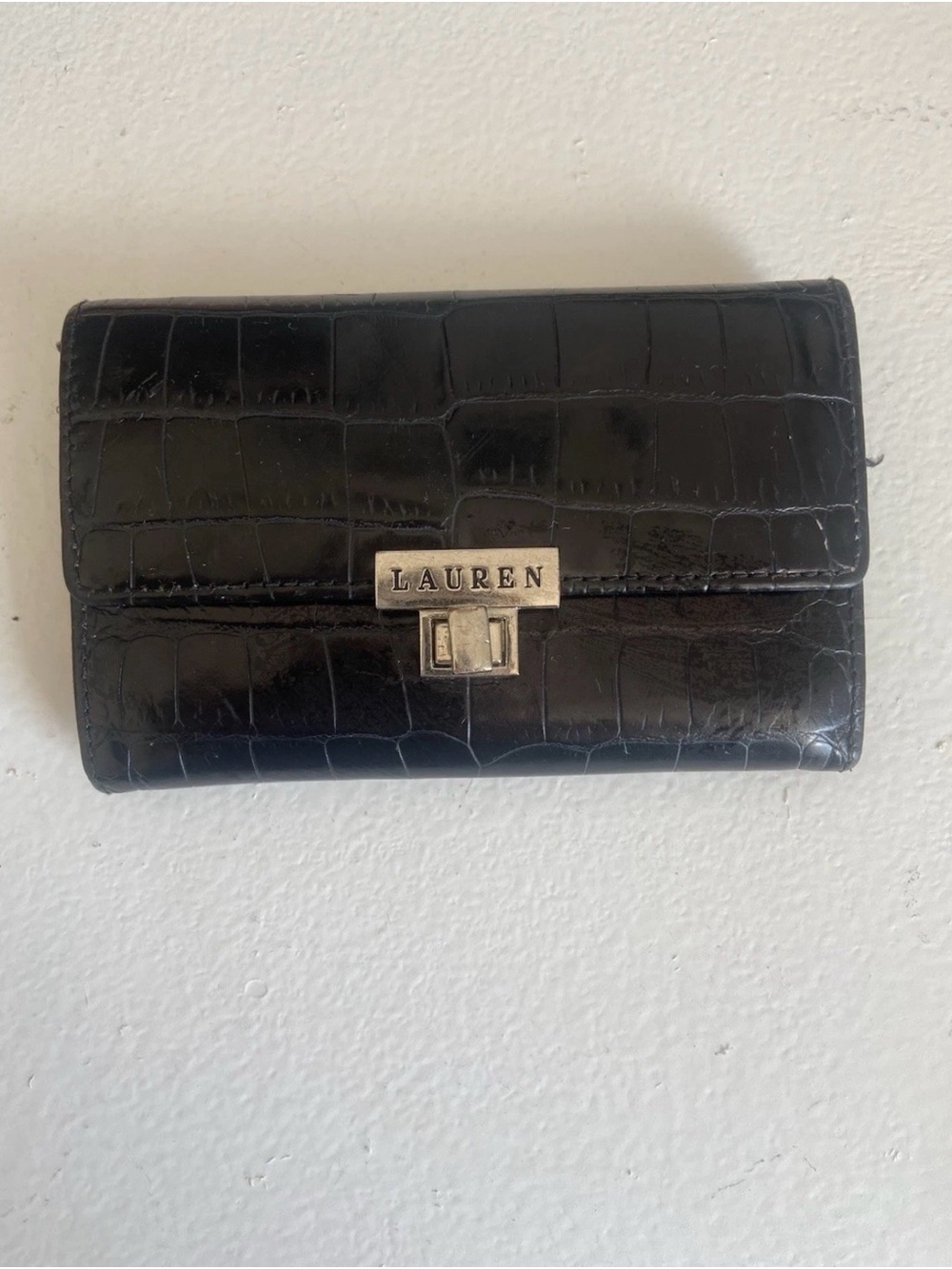 Lauren Ralph Lauren Black Leather Clutch Wallet with Metal Frame